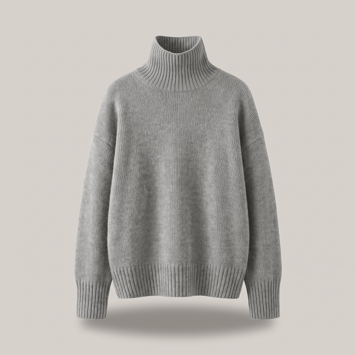 Grey cashmere high-neck sweater with ribbed collar and long sleeves