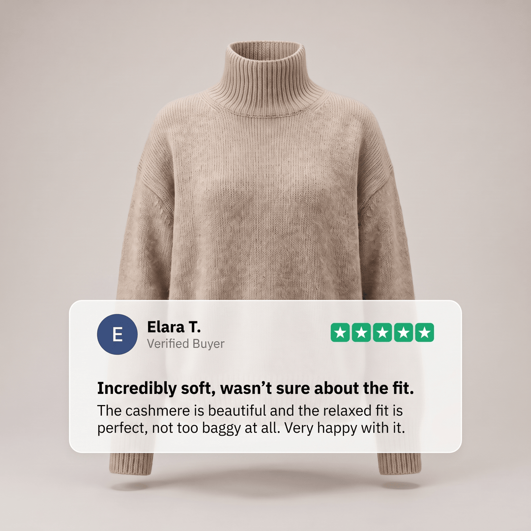 Beige cashmere high-neck sweater with ribbed turtleneck and hem