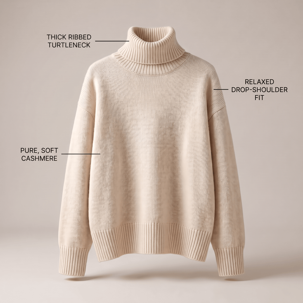 Beige cashmere high-neck sweater with thick ribbed turtleneck