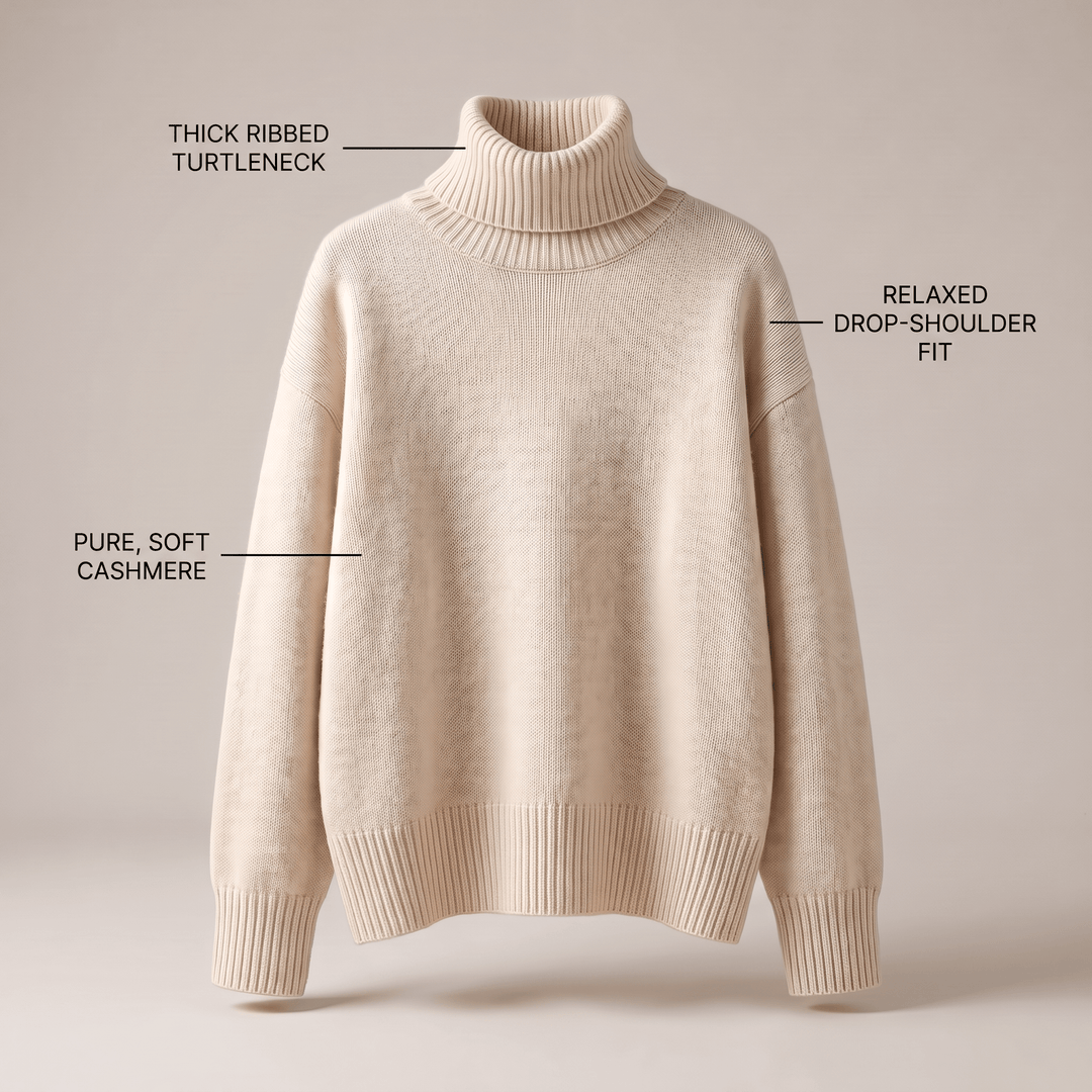 Beige cashmere high-neck sweater with thick ribbed turtleneck