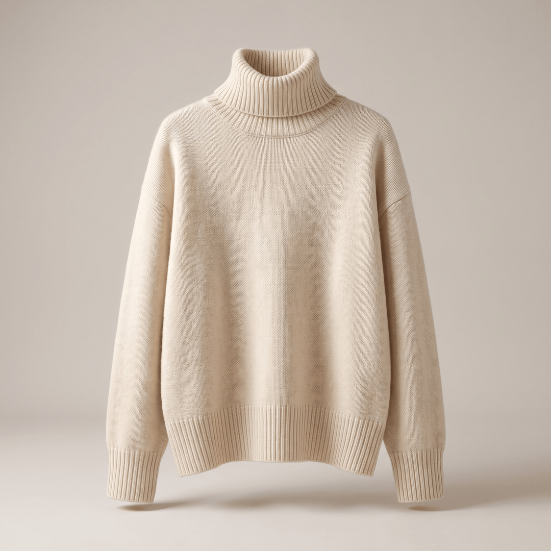 Cream-beige cashmere high-neck sweater with ribbed collar and cuffs