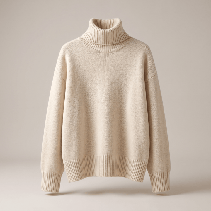 Cream-beige cashmere high-neck sweater with ribbed collar and cuffs