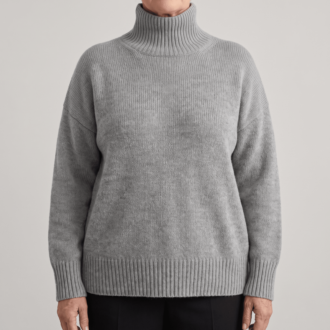 Grey cashmere high-neck sweater with ribbed collar and cuffs