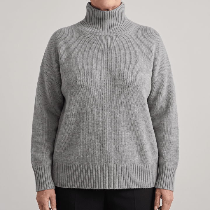 Grey cashmere high-neck sweater with ribbed collar and cuffs