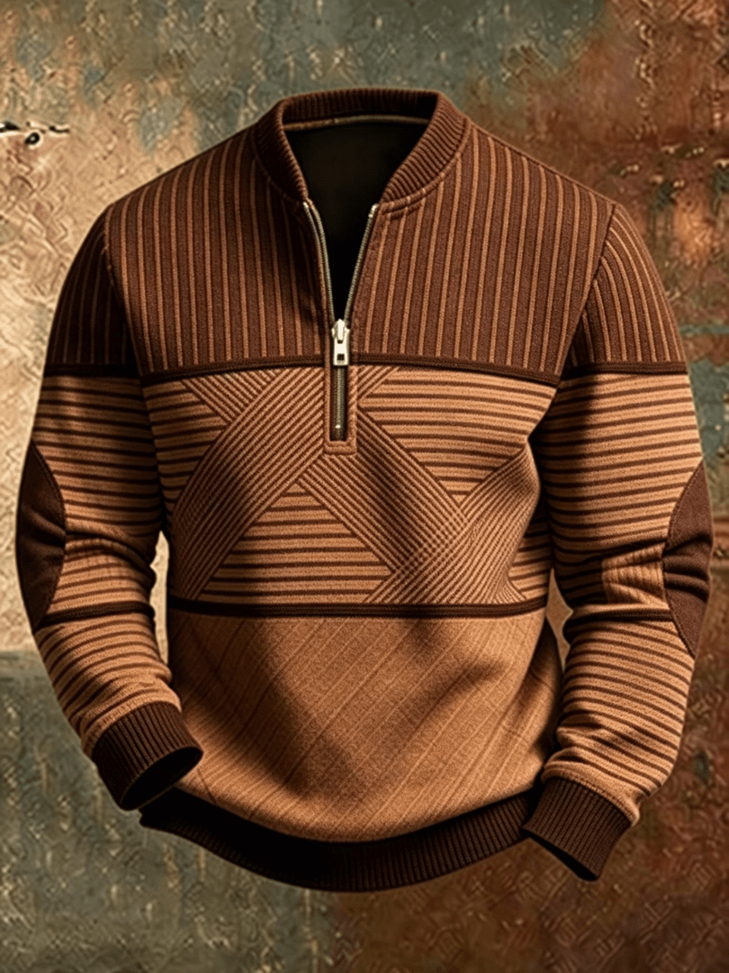 Brown striped half-zip jumper with ribbed cuffs and hem