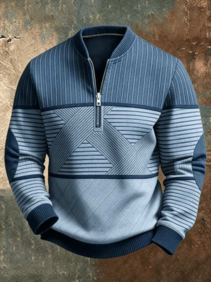 Blue striped half-zip jumper with ribbed cuffs and hem