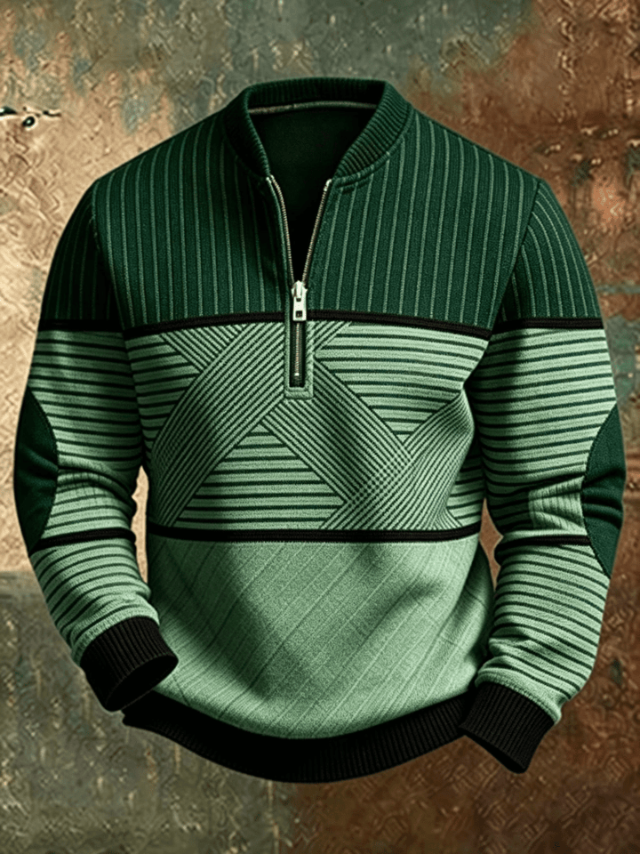 Green striped half-zip jumper with ribbed cuffs and hem