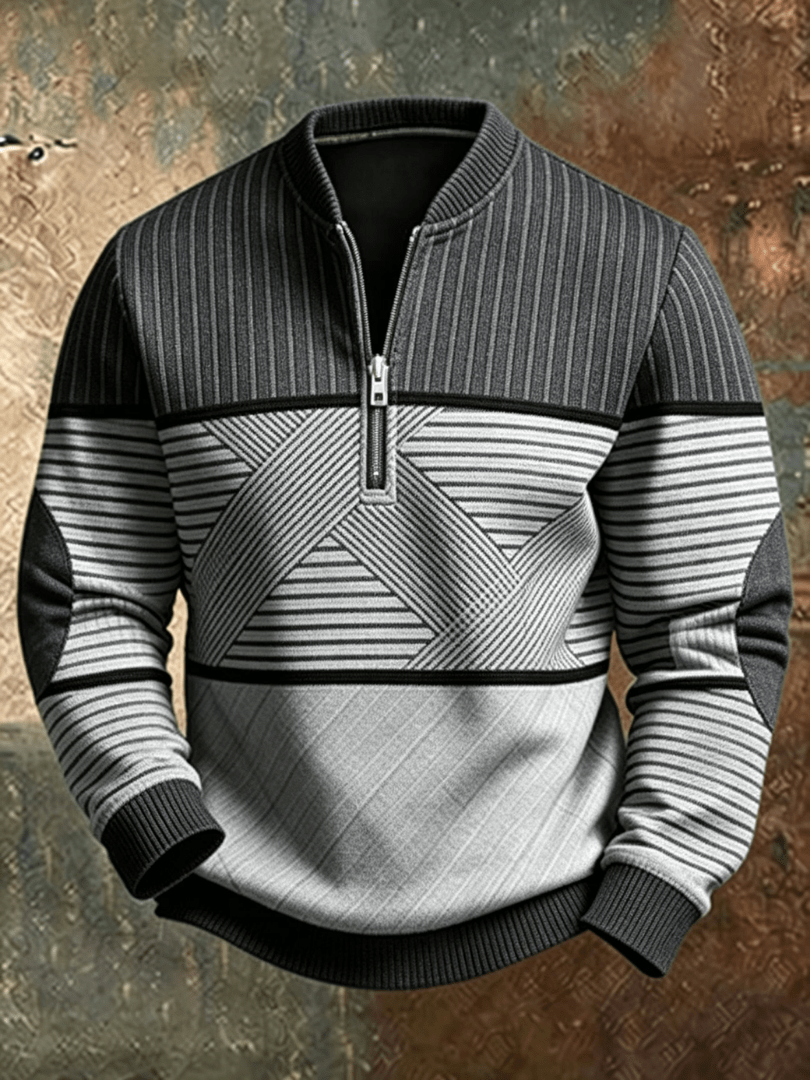 Grey striped half-zip jumper with ribbed cuffs and hem