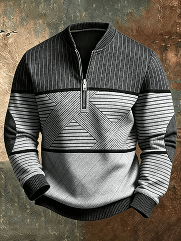 Grey striped half-zip jumper with ribbed cuffs and hem