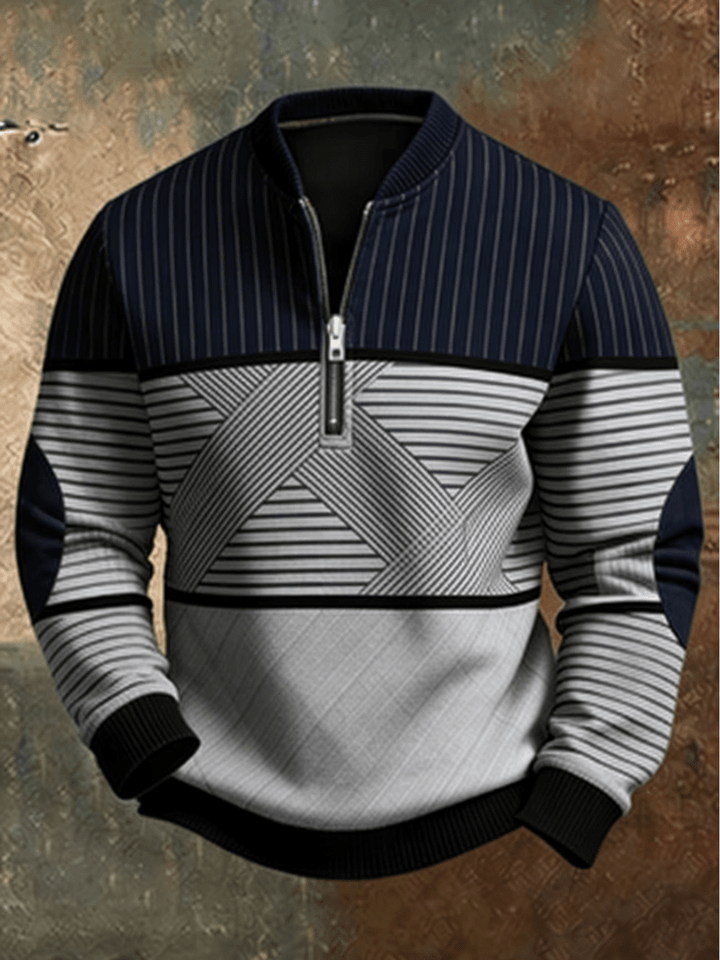 Black and grey striped half-zip jumper with ribbed cuffs and hem
