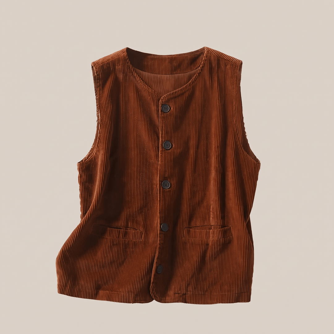 Brown corduroy sleeveless cardigan vest with button-front placket and two patch pockets