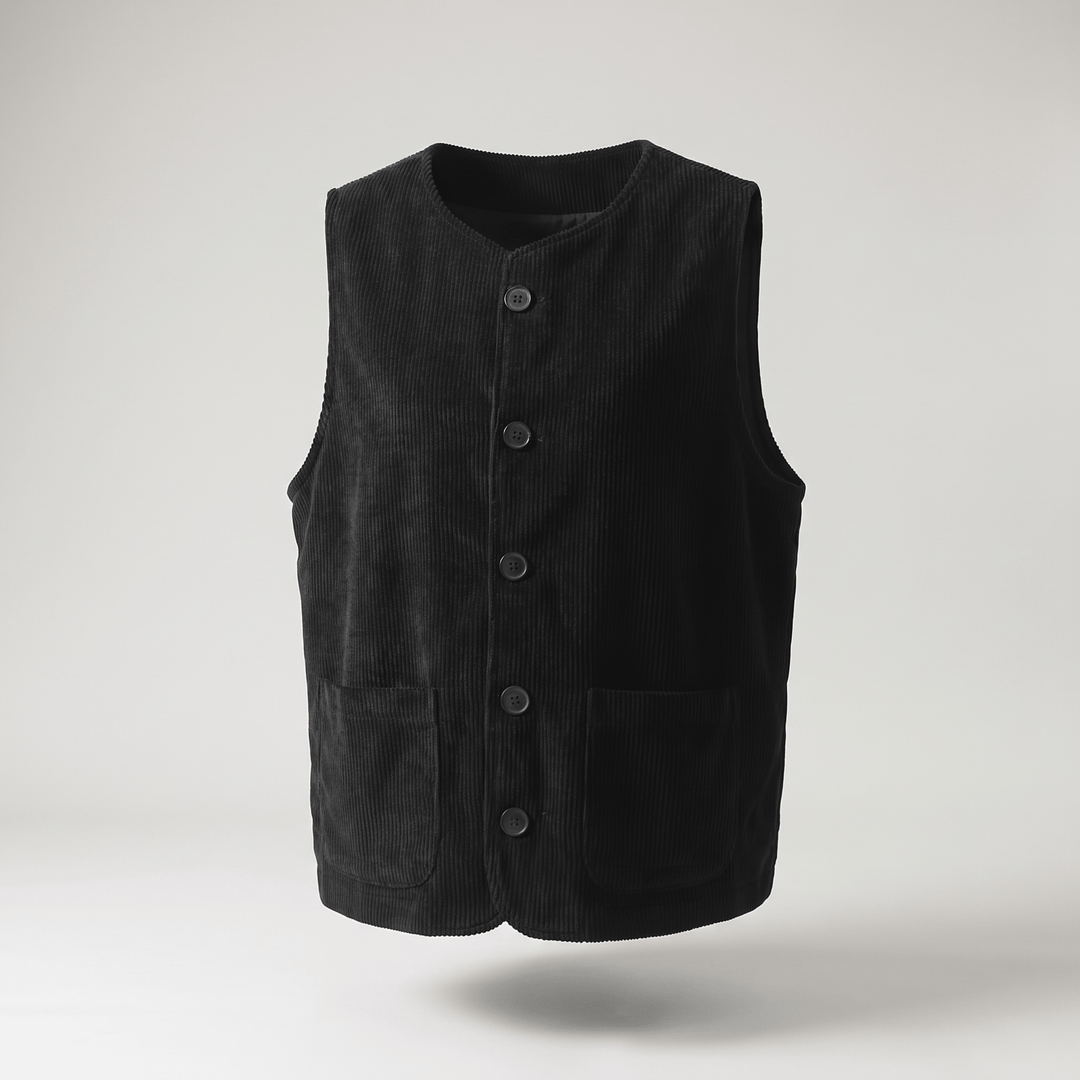 Black corduroy sleeveless cardigan vest with stand collar and button-front closure