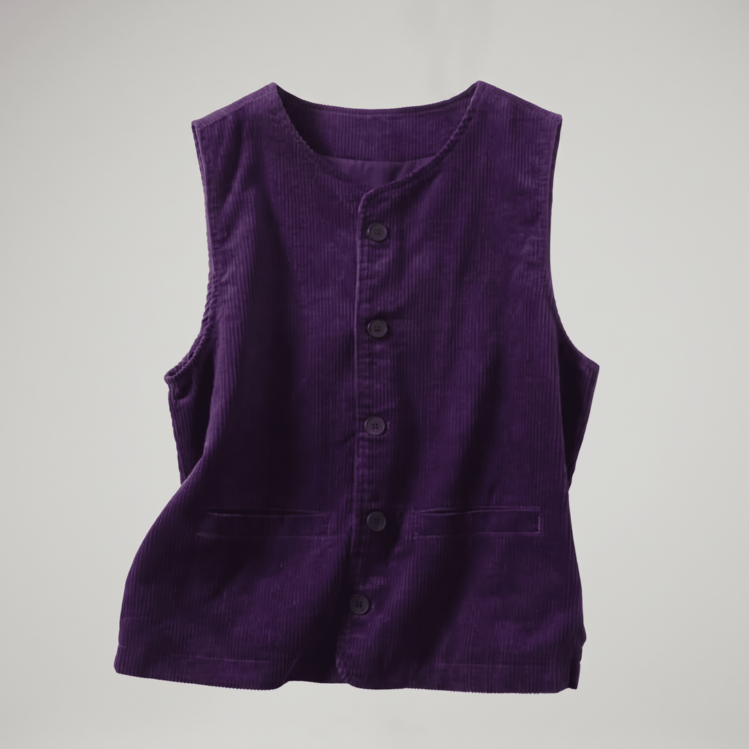 Purple corduroy sleeveless cardigan vest with five-button front and patch pockets
