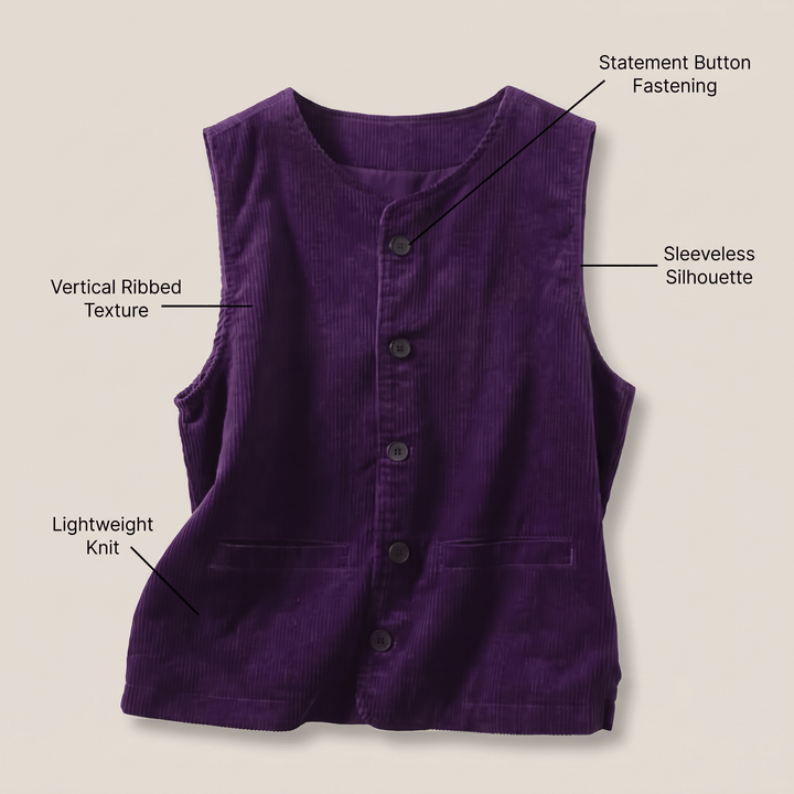 Purple corduroy sleeveless cardigan vest, vertical ribbed texture, button-front