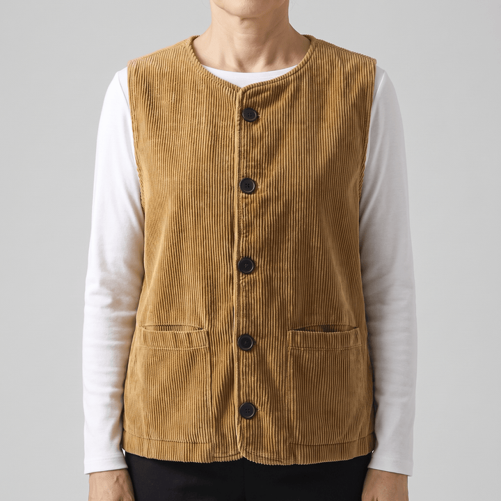 Beige corduroy sleeveless cardigan vest with front button placket and patch pockets