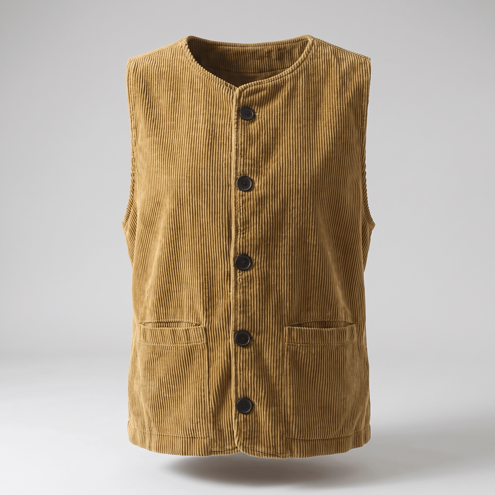 Beige corduroy sleeveless cardigan vest with stand collar and four-button front