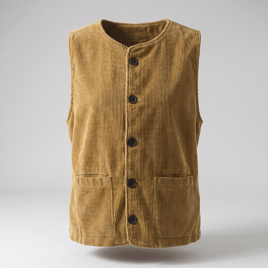 Beige corduroy sleeveless cardigan vest with stand collar and four-button front