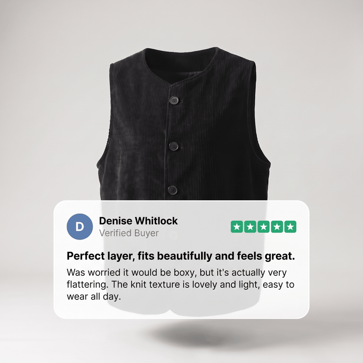 Black corduroy sleeveless cardigan vest with front buttons and stand collar