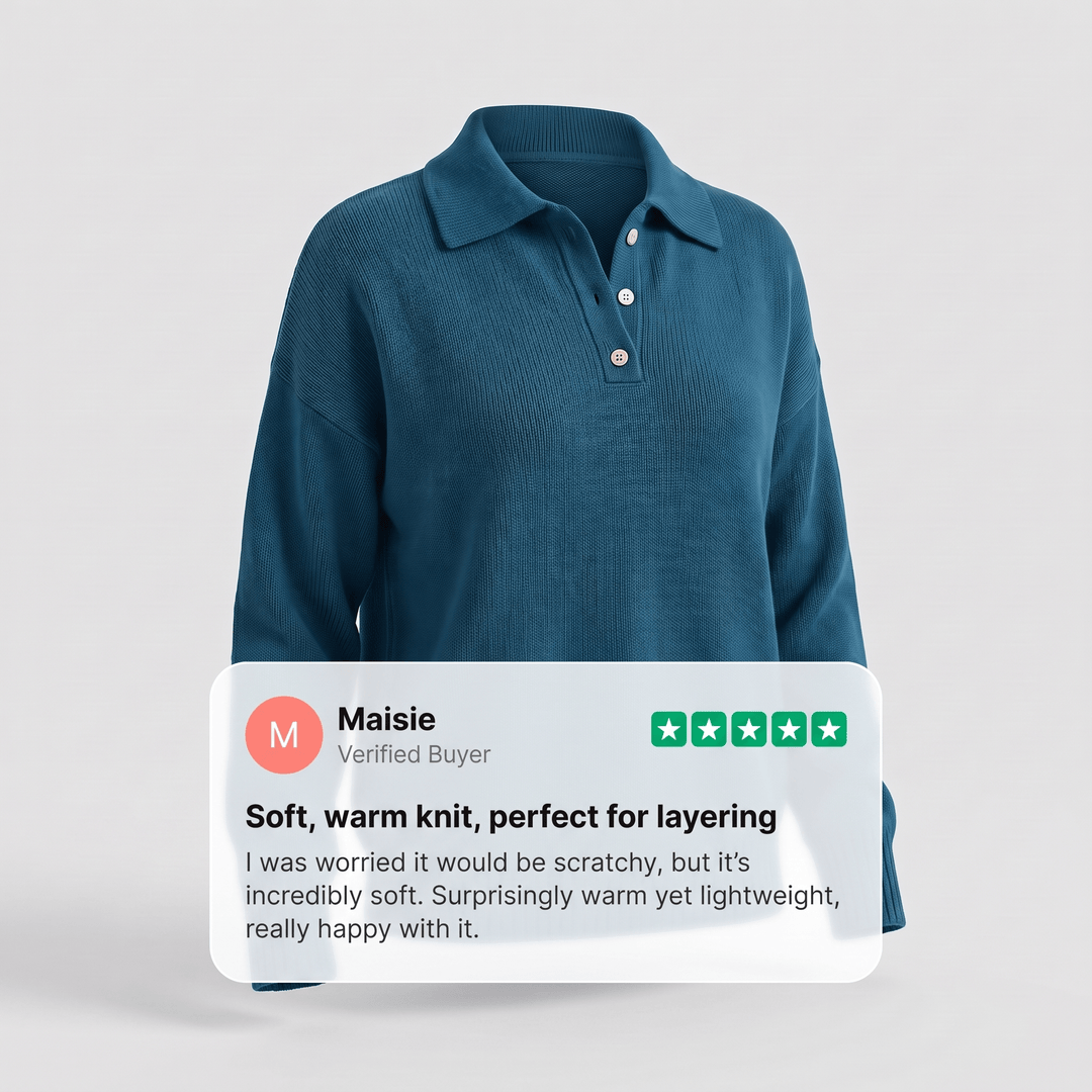 Teal blue soft knit polo sweater, front view with collar and button placket