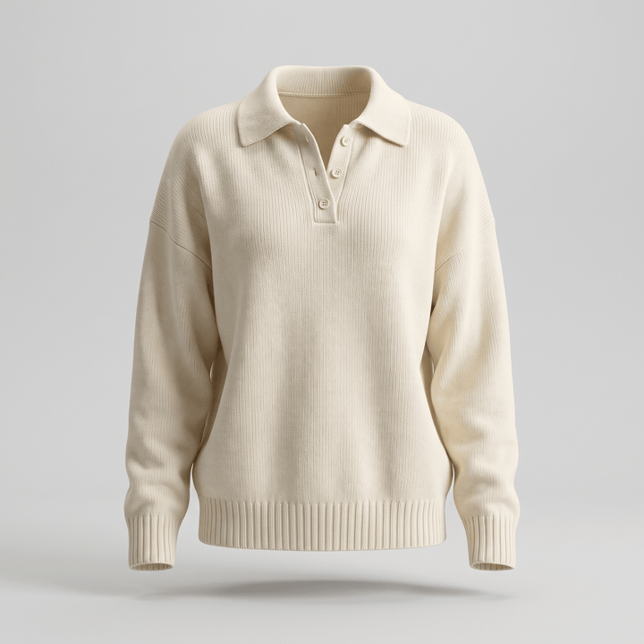 Ivory cream soft knit polo sweater with collar buttons and ribbed cuffs