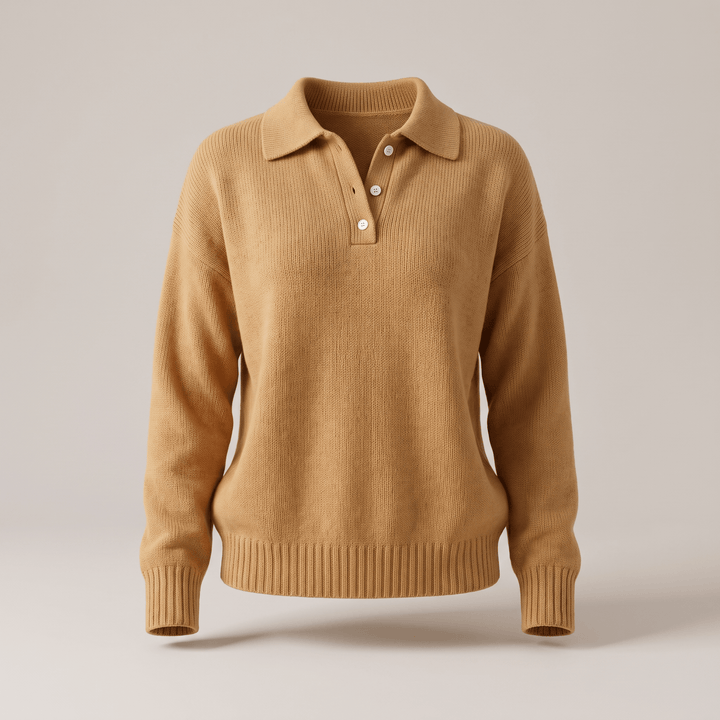 Caramel brown soft knit polo sweater with collar and three-button placket