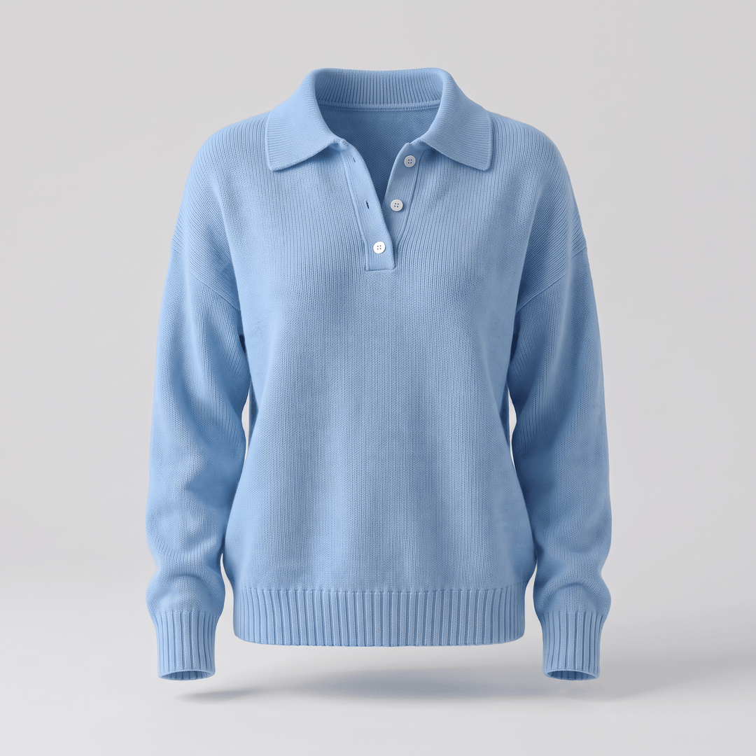 Light blue soft knit polo sweater with collar, button placket, and ribbed hem