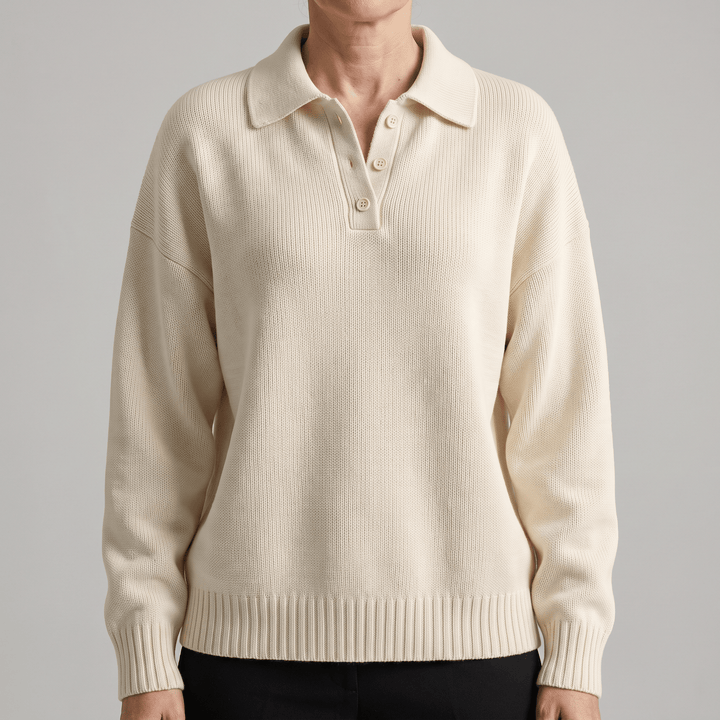 Cream soft knit polo sweater with ribbed cuffs, hem, and button placket