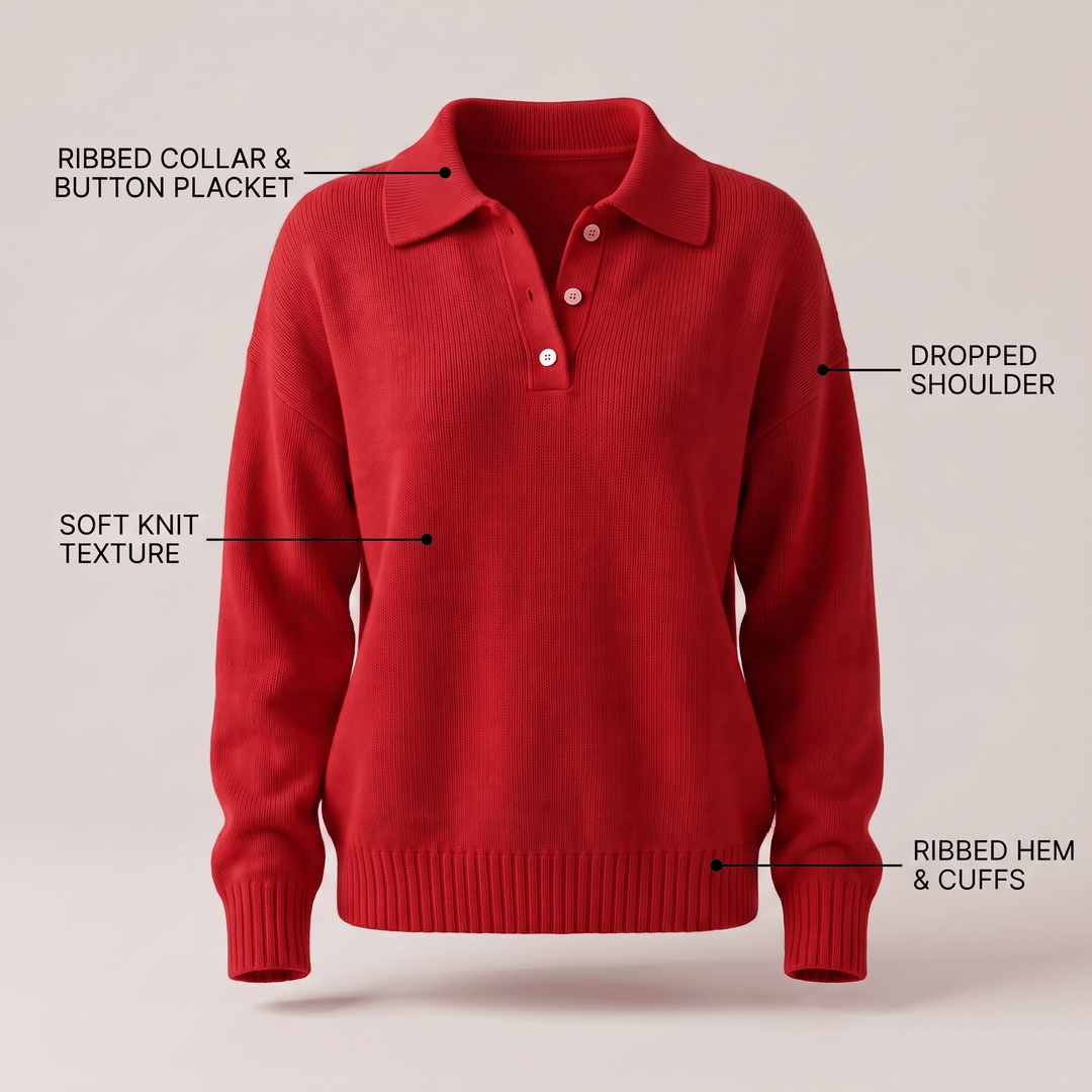 Red soft knit polo sweater with ribbed collar, button placket, hem, and cuffs