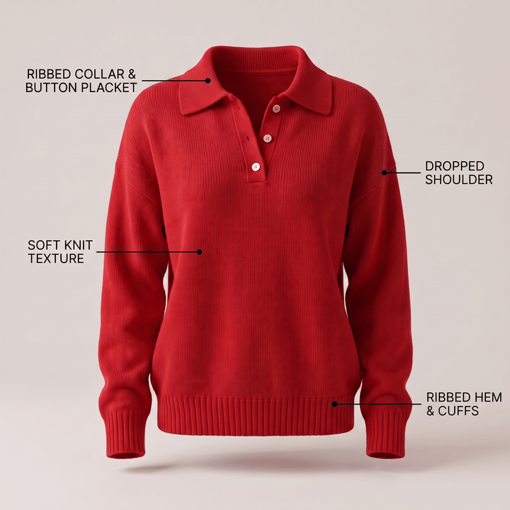 Red soft knit polo sweater with ribbed collar, button placket, hem, and cuffs