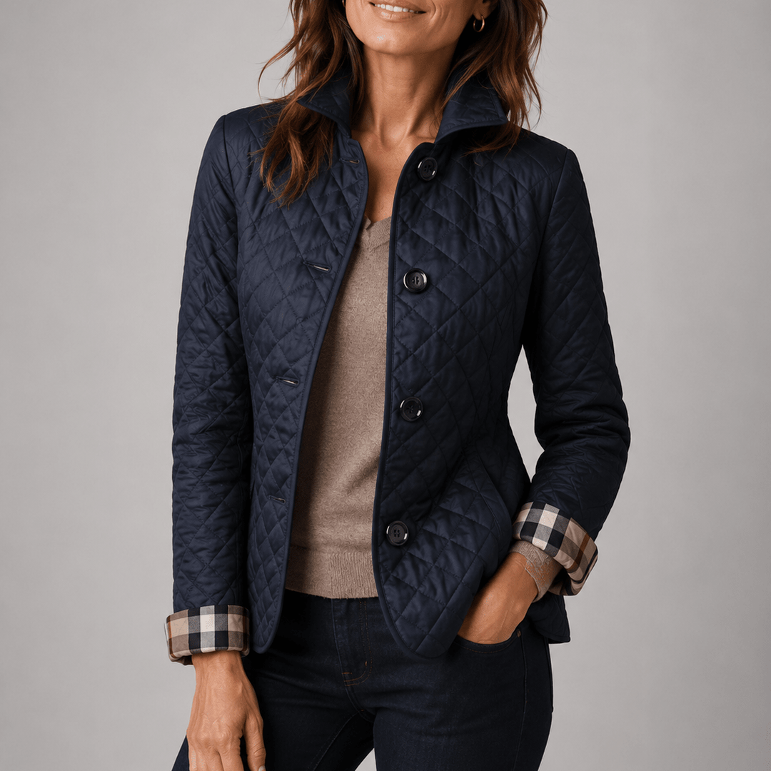 Lightweight quilted jacket in navy with button front and stand collar
