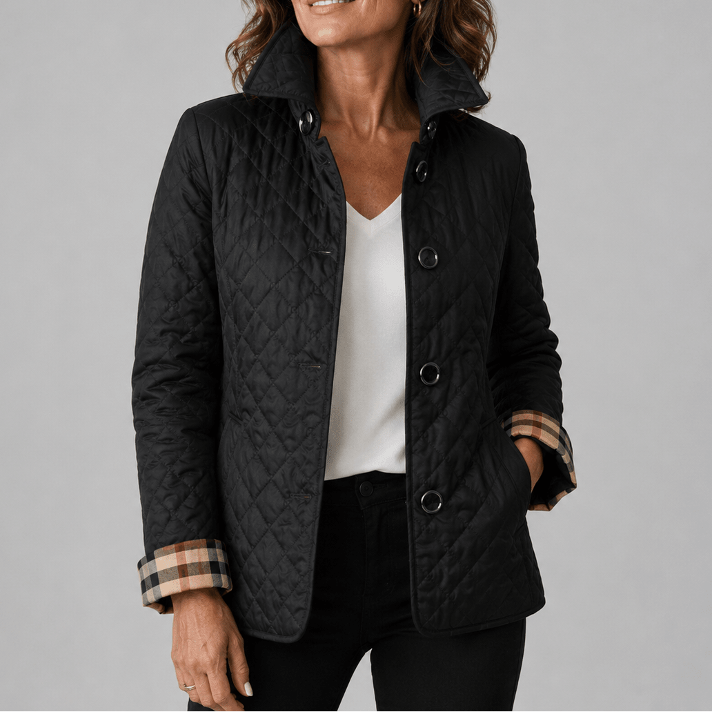 Lightweight quilted jacket in black with button front and stand collar