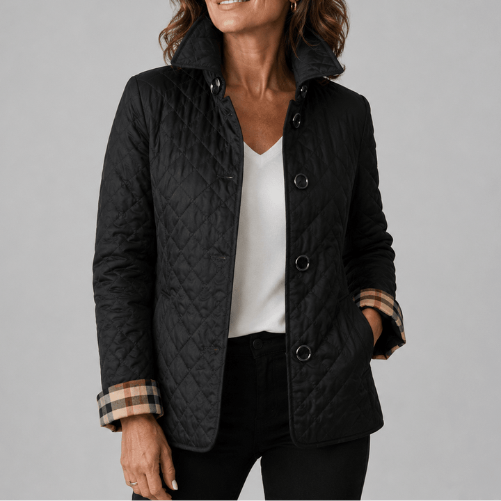 Lightweight quilted jacket in black with button front and stand collar
