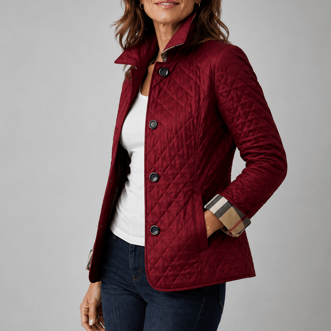 Lightweight quilted jacket in dark red with button front and stand collar