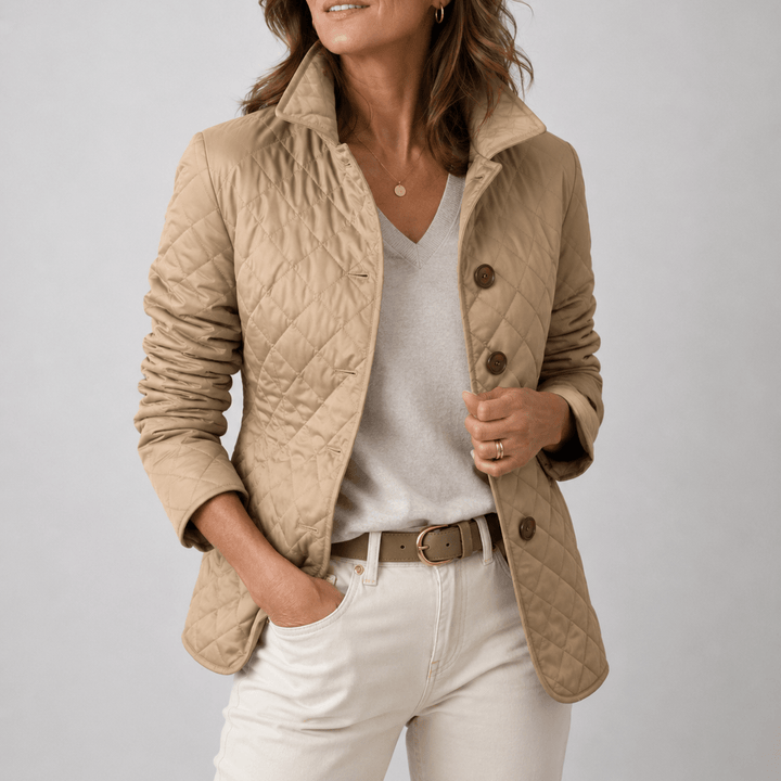 Lightweight quilted jacket in beige with button front and stand collar