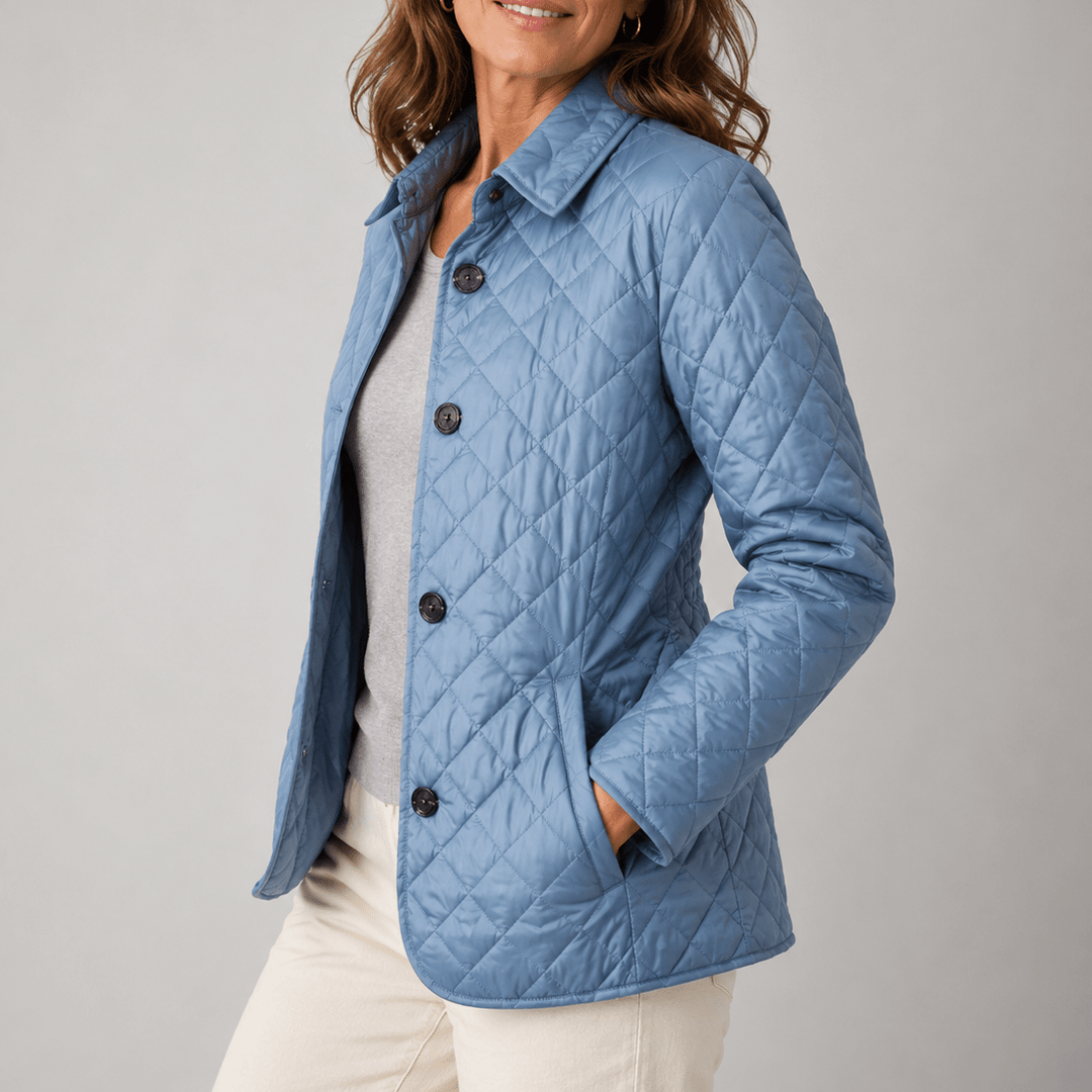 Lightweight quilted jacket in light blue with button front and stand collar