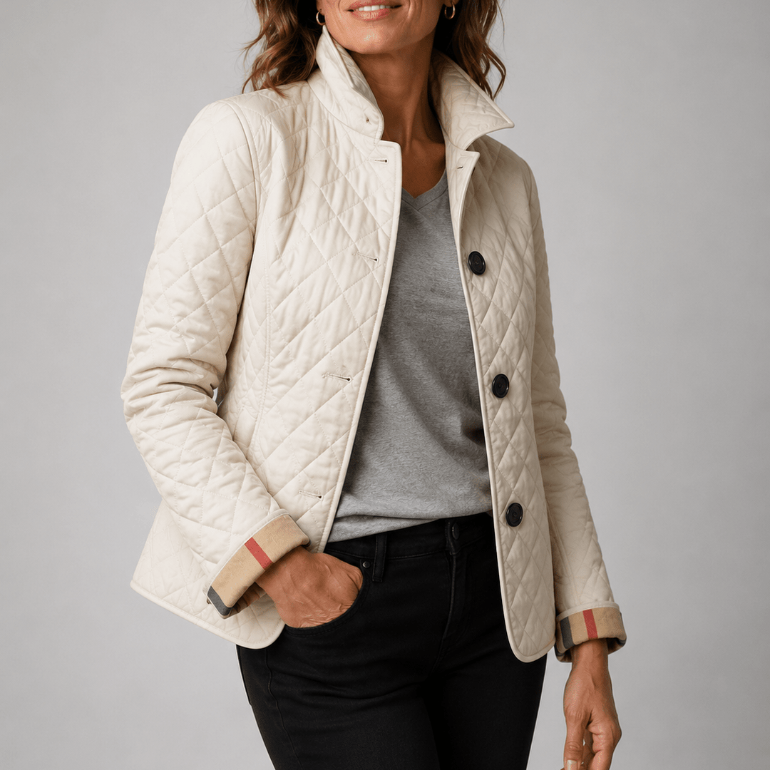 Lightweight quilted jacket in cream with button front and stand collar