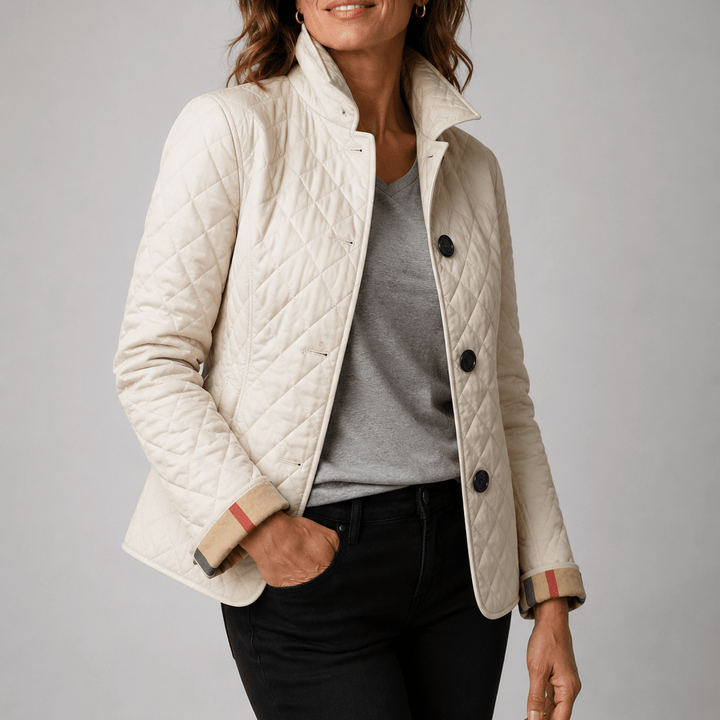 Lightweight quilted jacket in cream with button front and stand collar