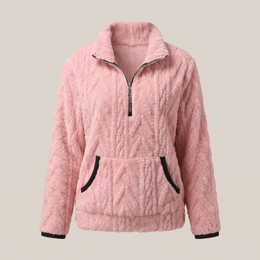 KELORA pink quarter-zip sherpa sweater with black contrast trim and kangaroo pocket