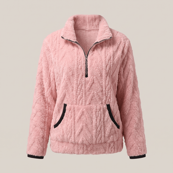 KELORA pink quarter-zip sherpa sweater with black contrast trim and kangaroo pocket
