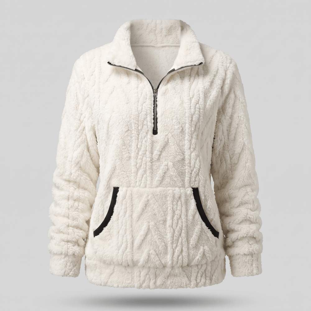 KELORA cream quarter-zip sherpa sweater, front view with contrast trim and kangaroo pocket