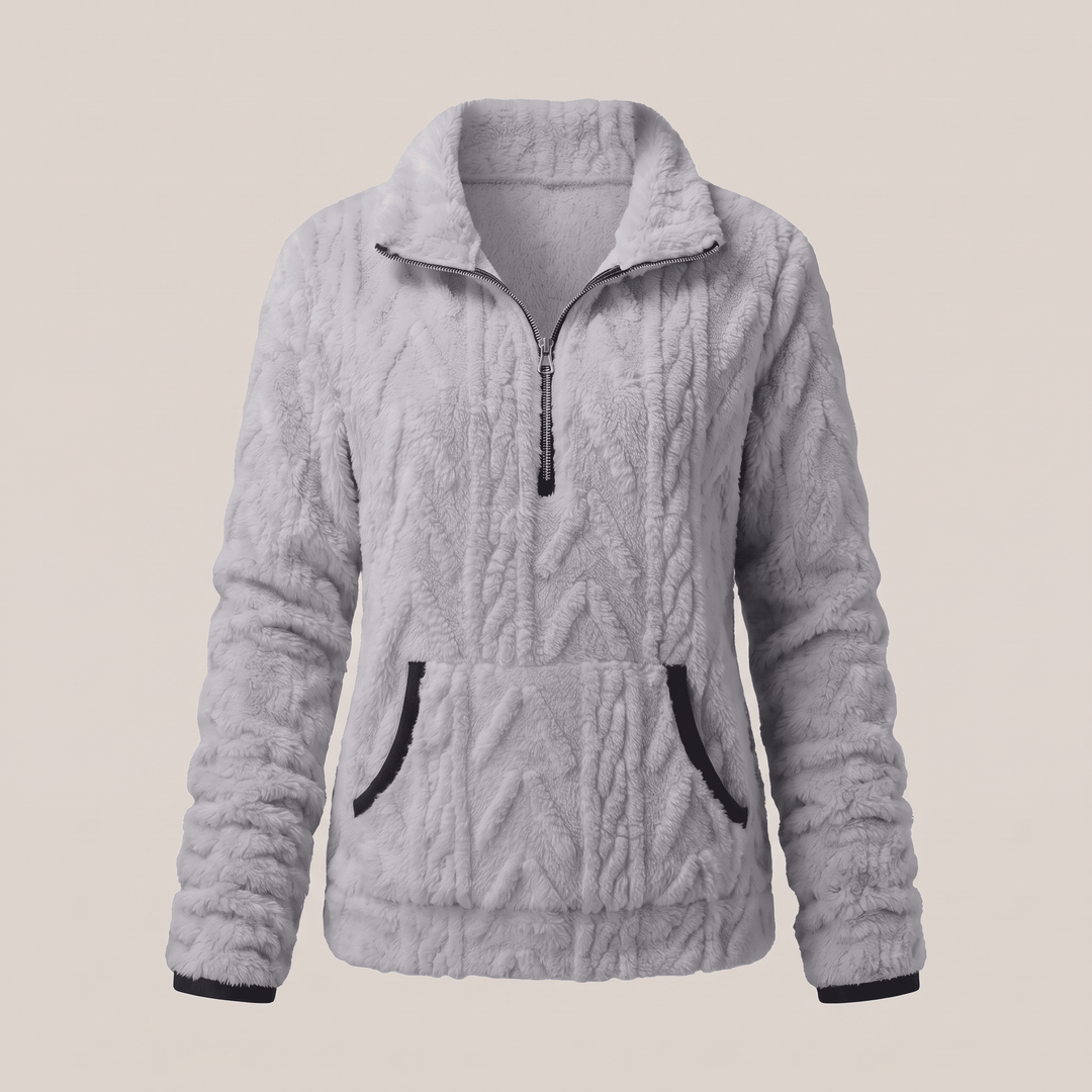 KELORA grey quarter-zip sherpa sweater with black contrast trim and kangaroo pocket