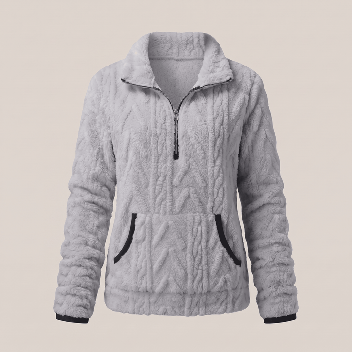 KELORA grey quarter-zip sherpa sweater with black contrast trim and kangaroo pocket