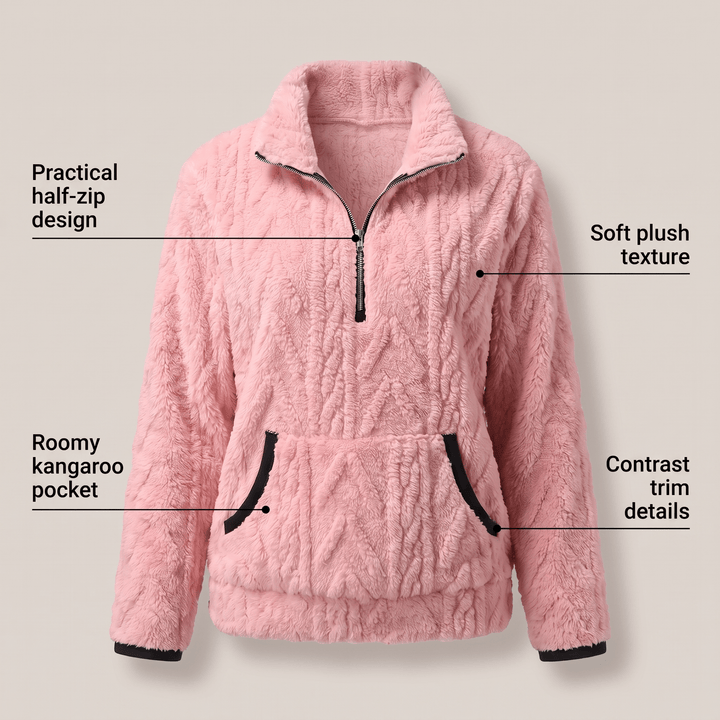 KELORA pink plush quarter-zip sweater with kangaroo pocket and contrast trim details