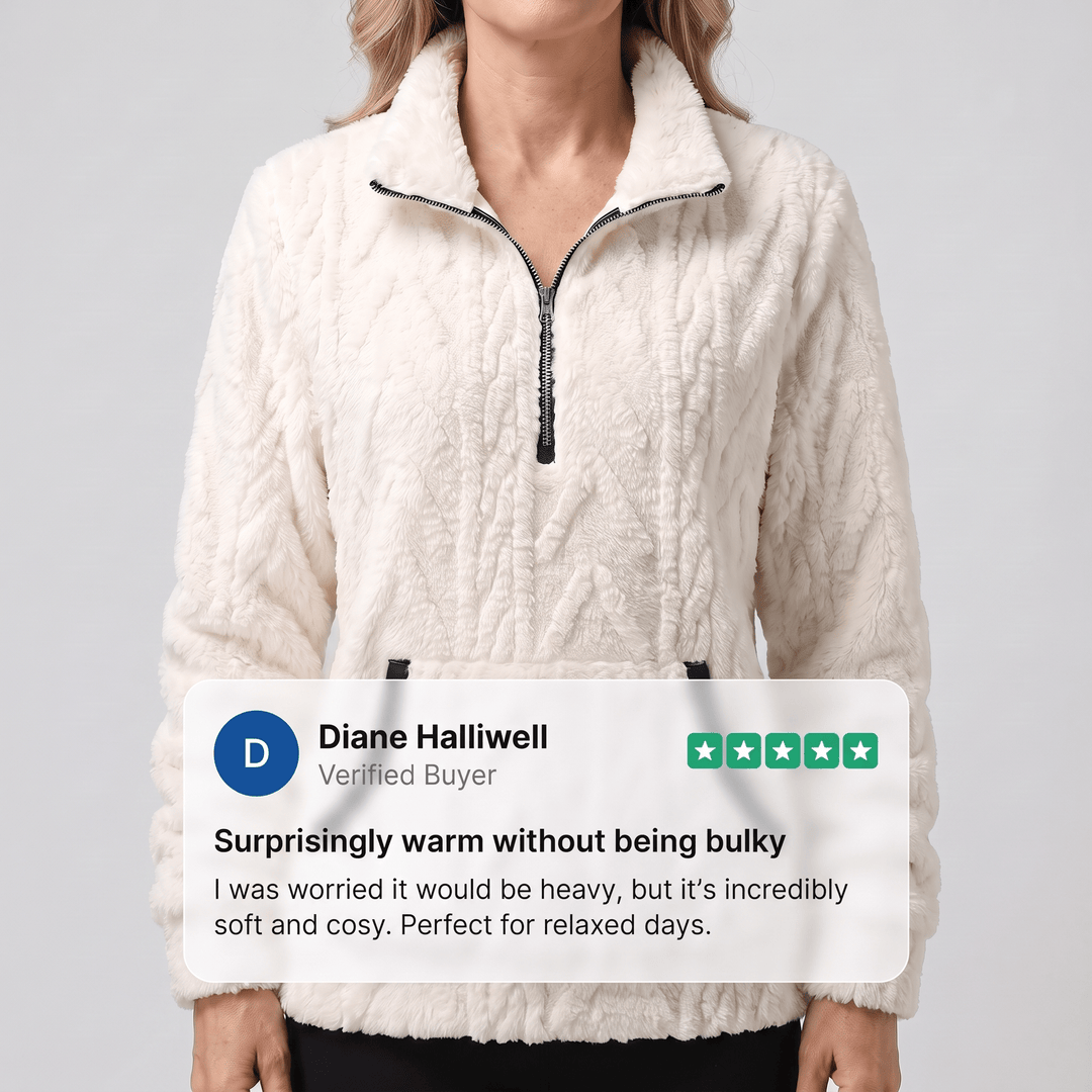 KELORA cream quarter-zip sherpa sweater on model with contrast trim and kangaroo pocket