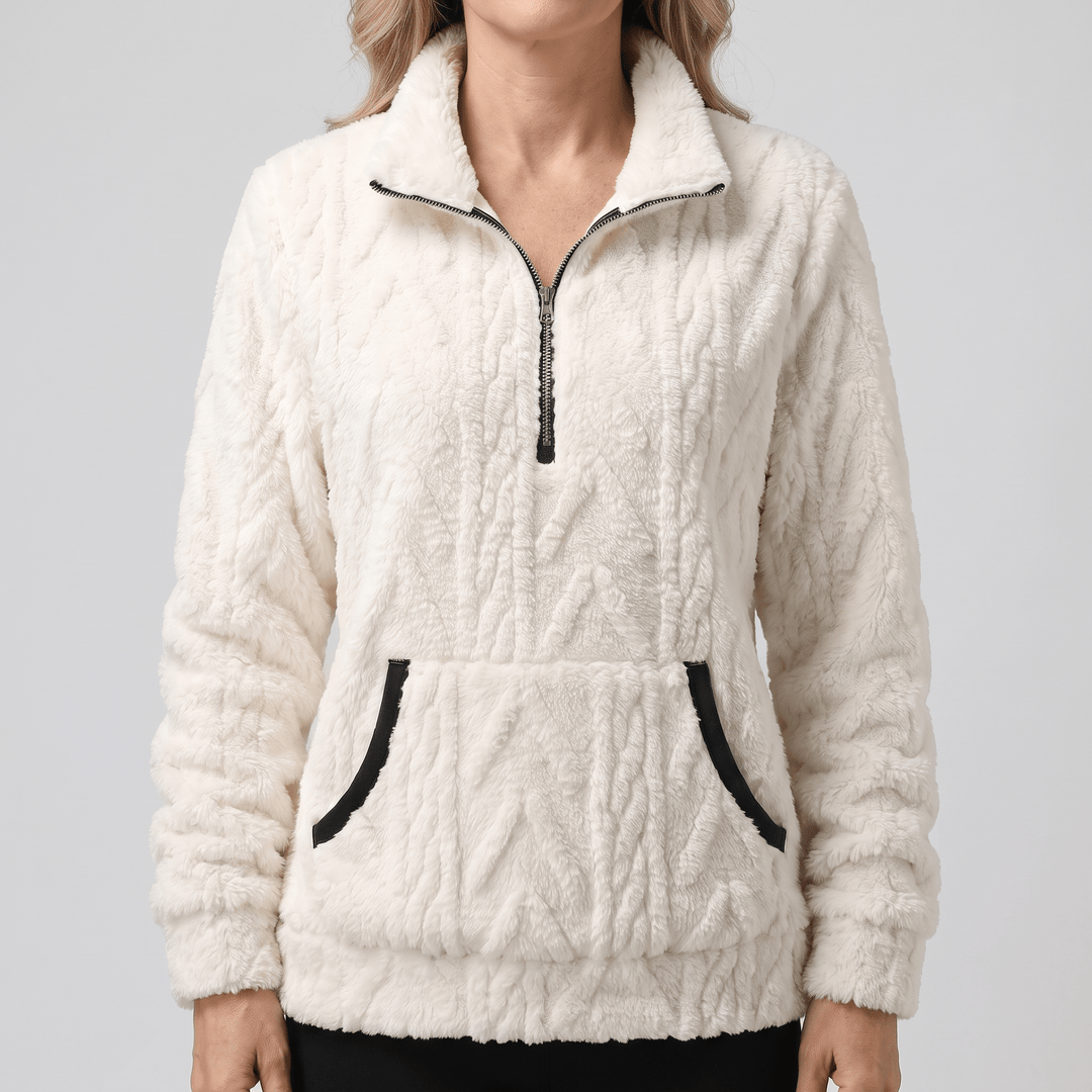 KELORA cream quarter-zip sherpa sweater with black contrast trim and kangaroo pocket