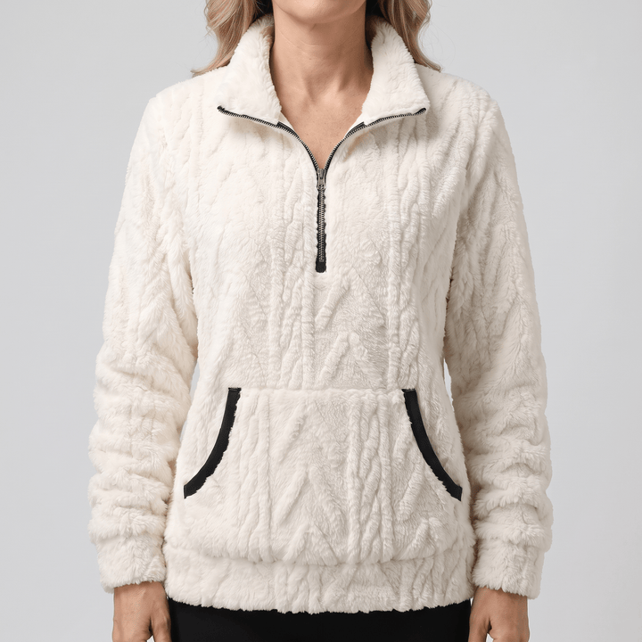 KELORA cream quarter-zip sherpa sweater with black contrast trim and kangaroo pocket
