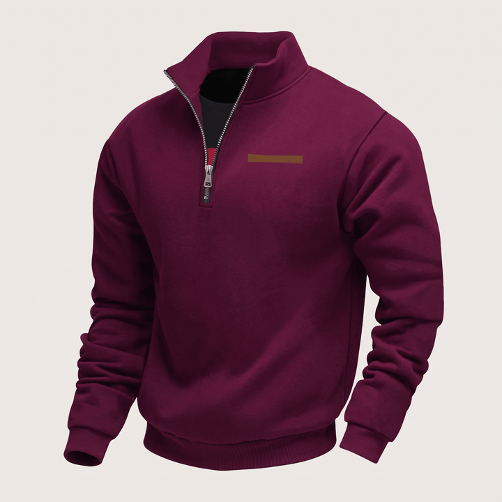 Burgundy fleece half-zip sweatshirt with stand collar and ribbed cuffs