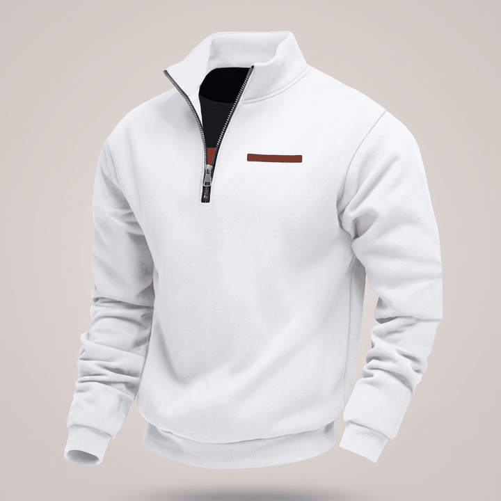 White fleece half-zip sweatshirt with stand collar and ribbed cuffs