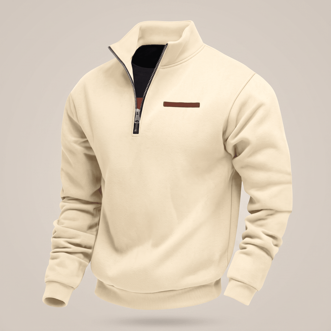 Cream fleece half-zip sweatshirt with stand collar and ribbed cuffs