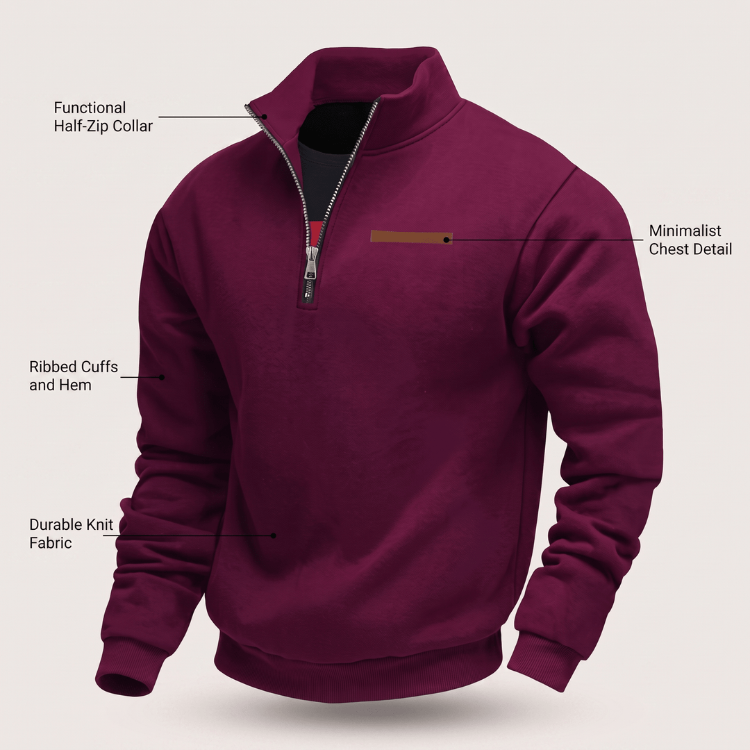 Burgundy fleece half-zip sweatshirt with stand collar, ribbed cuffs, and hem